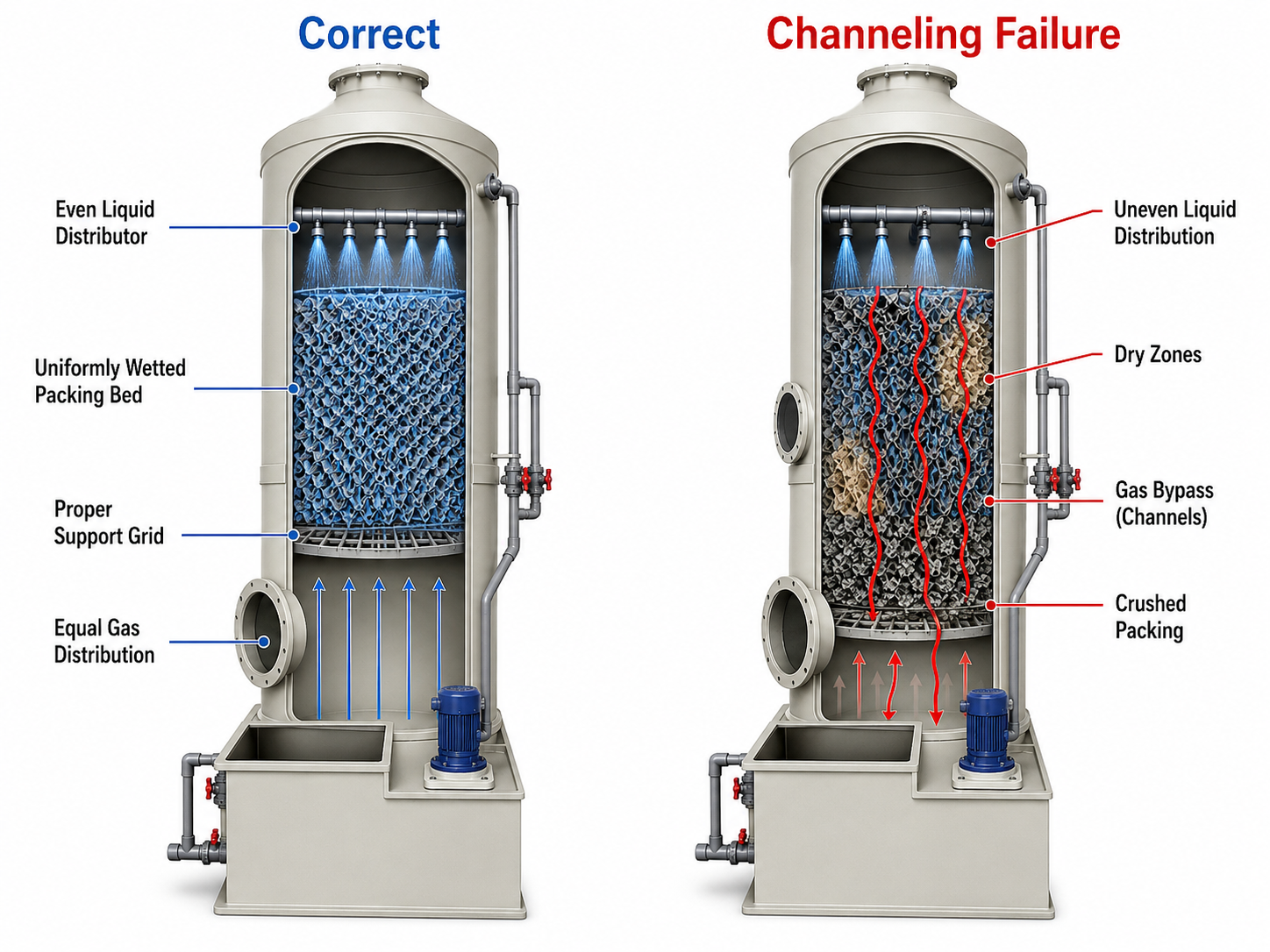 Comparison of correct scrubber packing installation with proper liquid distribution versus channeling failure caused by poor distribution