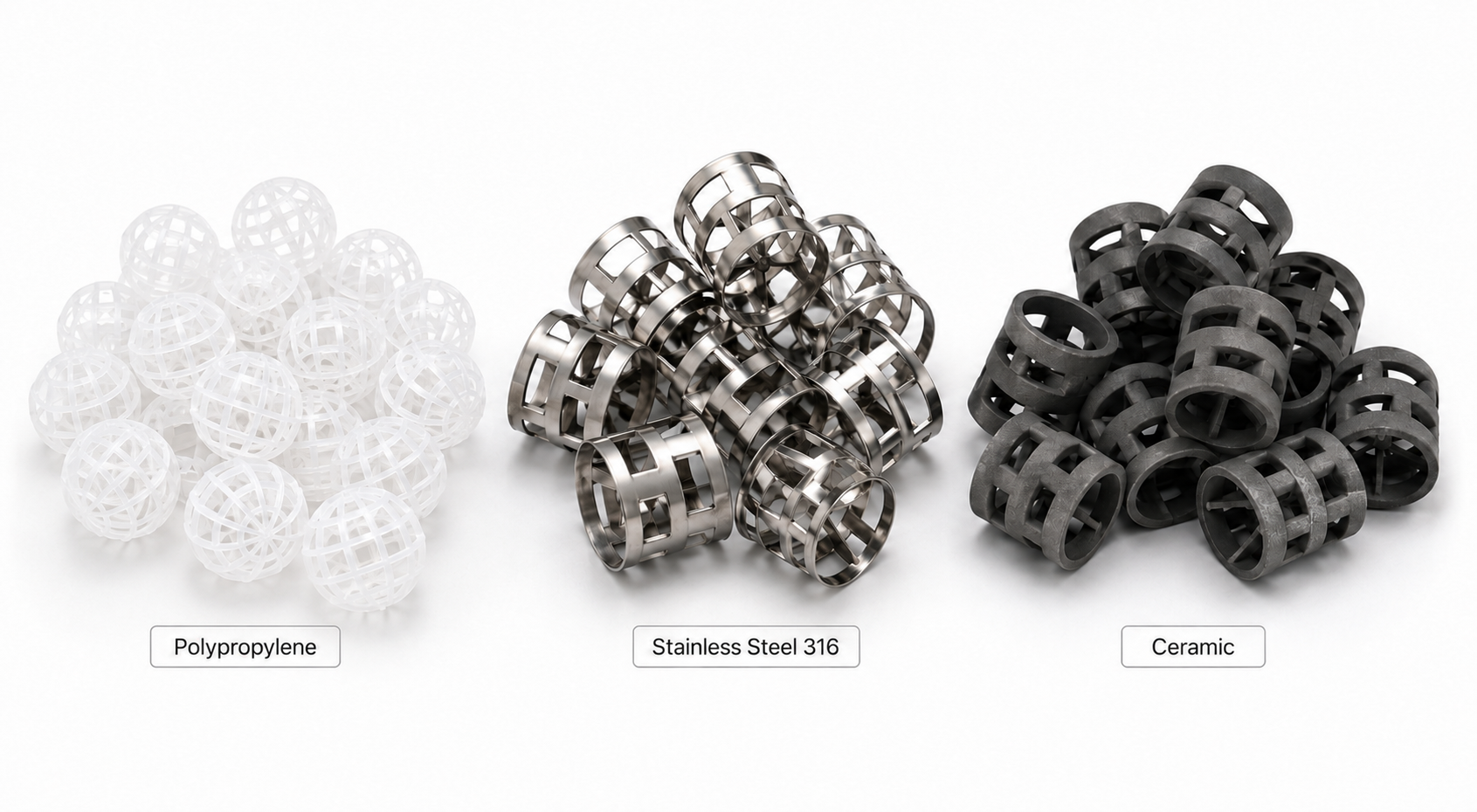 Side-by-side comparison of polypropylene, stainless steel, and ceramic packing rings for industrial scrubber applications