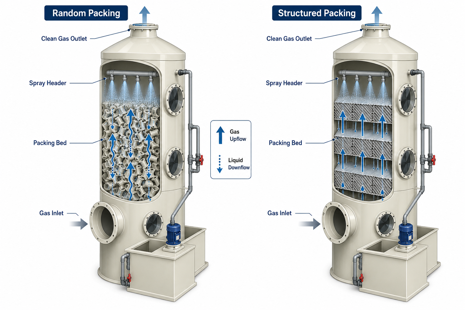 Cross-section comparison of random packing versus structured packing in a scrubber tower showing gas and liquid flow patterns